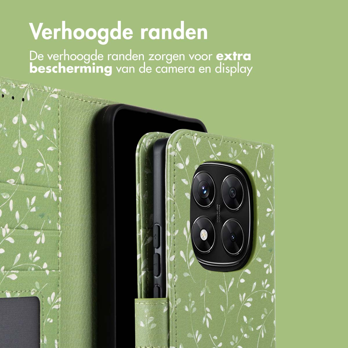 Groene telefoonhoes met wit bladerpatroon, die een telefoon bedekt. Tekst luidt 'Verhoogde randen'.