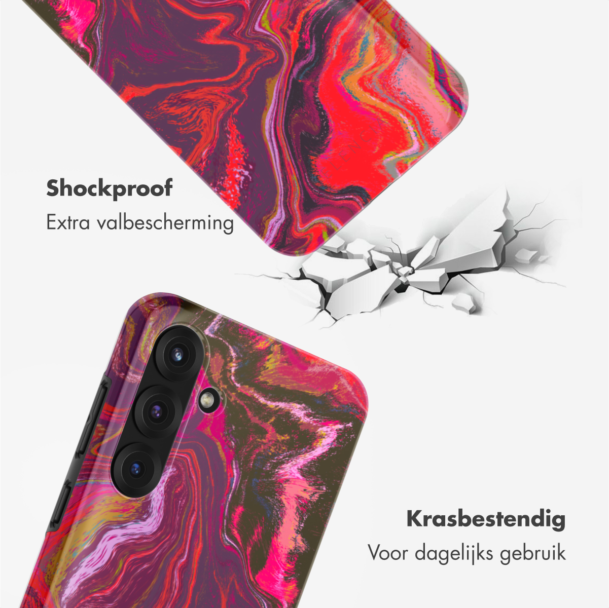 Een telefoonhoesje met een abstract rood en roze ontwerp. De hoes breekt uit elkaar.