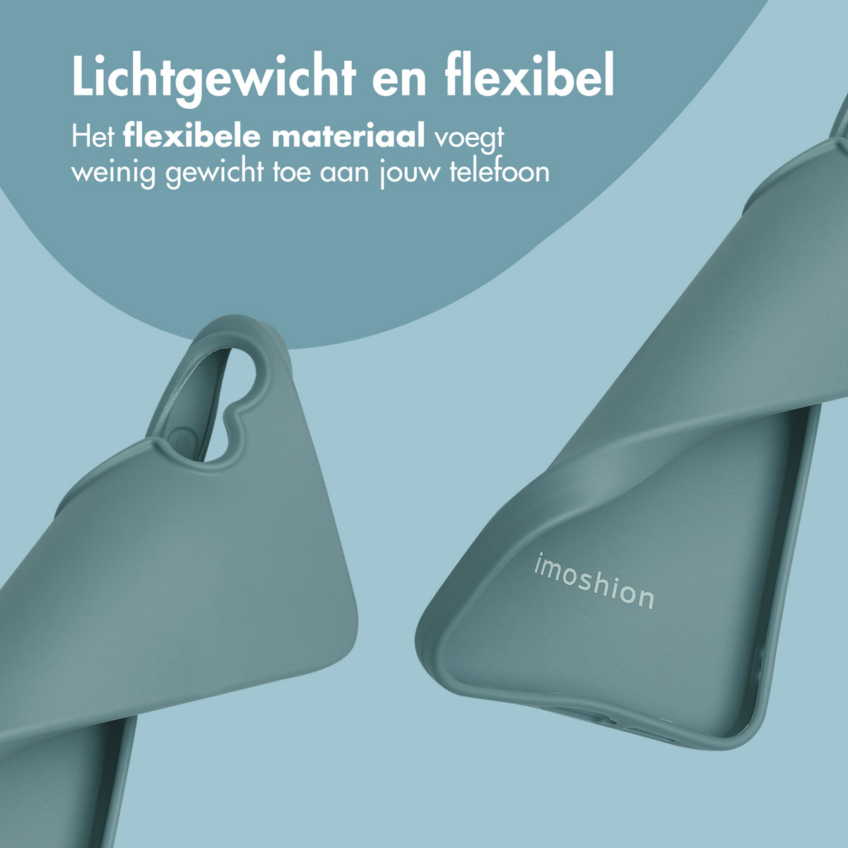 Close-up van een teal telefoonhoesje met de merknaam Imoshion. Blauwe achtergrond met tekst over lichtgewicht.
