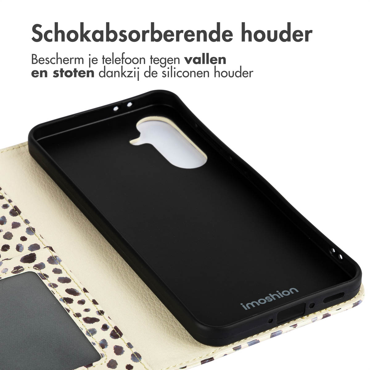 Telefoonhoesje. De hoes is open en toont een zwarte telefoon.