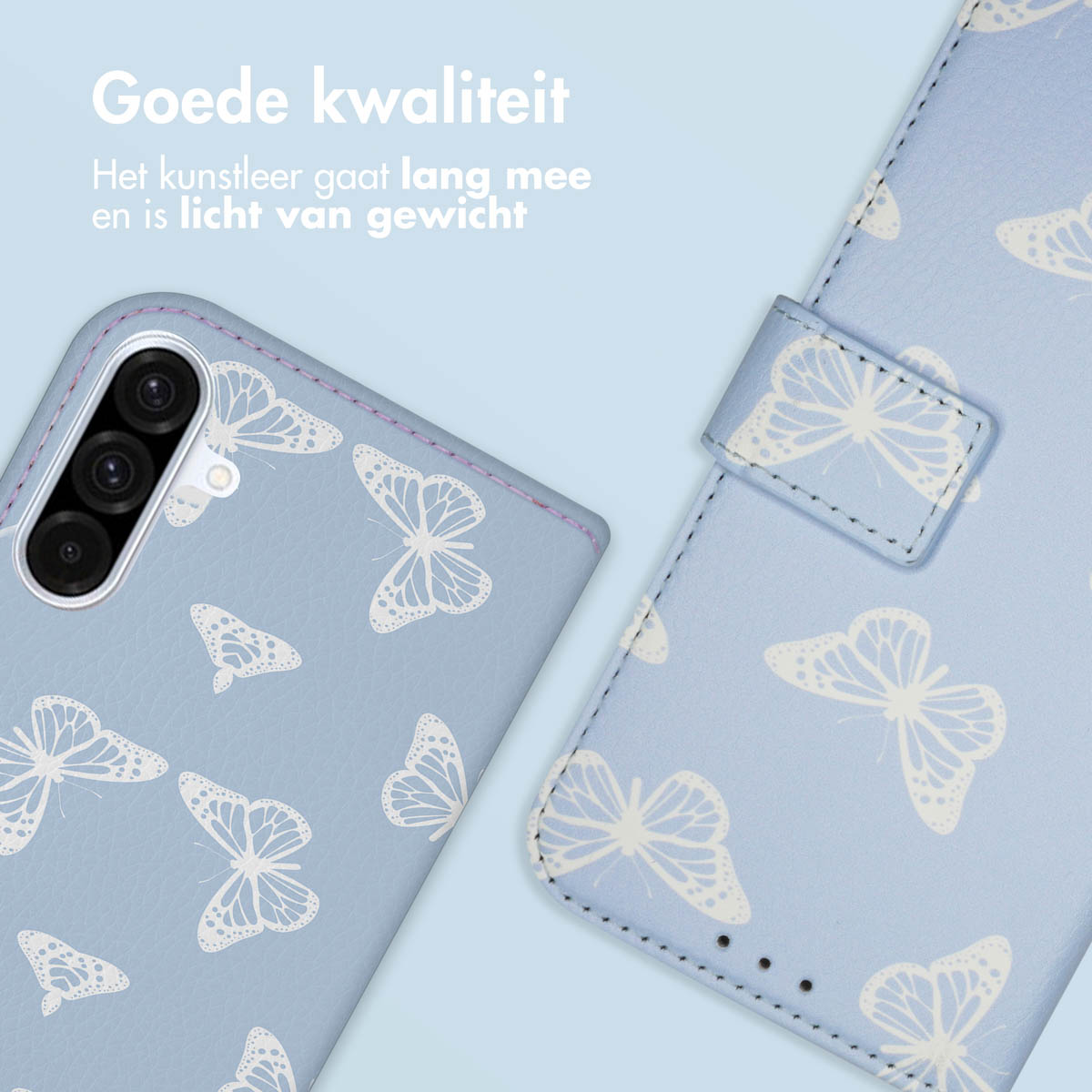 Lichtblauw telefoonhoesje met een vlinderpatroon.