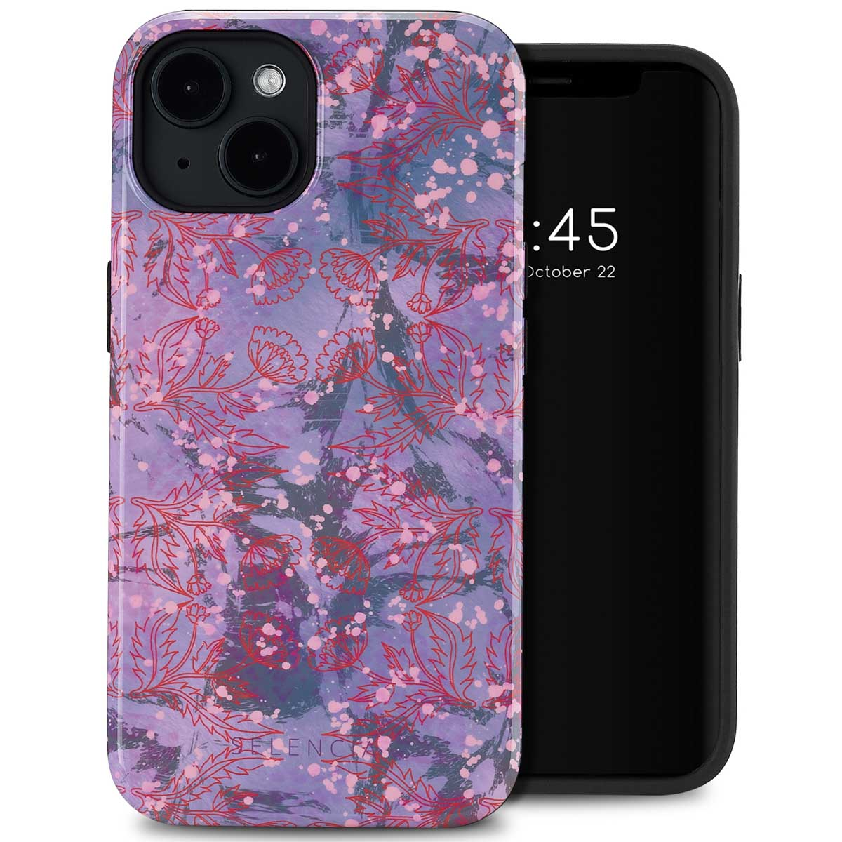 Telefoon met bloemendessin hoes, toont tijd en datum. De hoes heeft een zwarte rand.