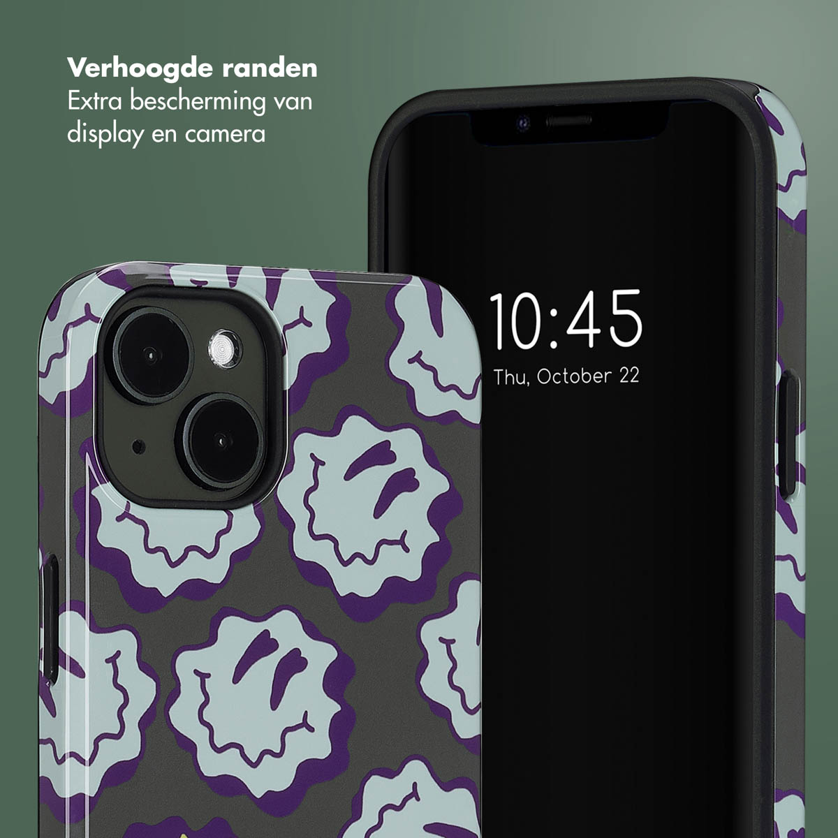 Telefono con custodia a faccina sorridente, mostra ora e data sullo schermo.