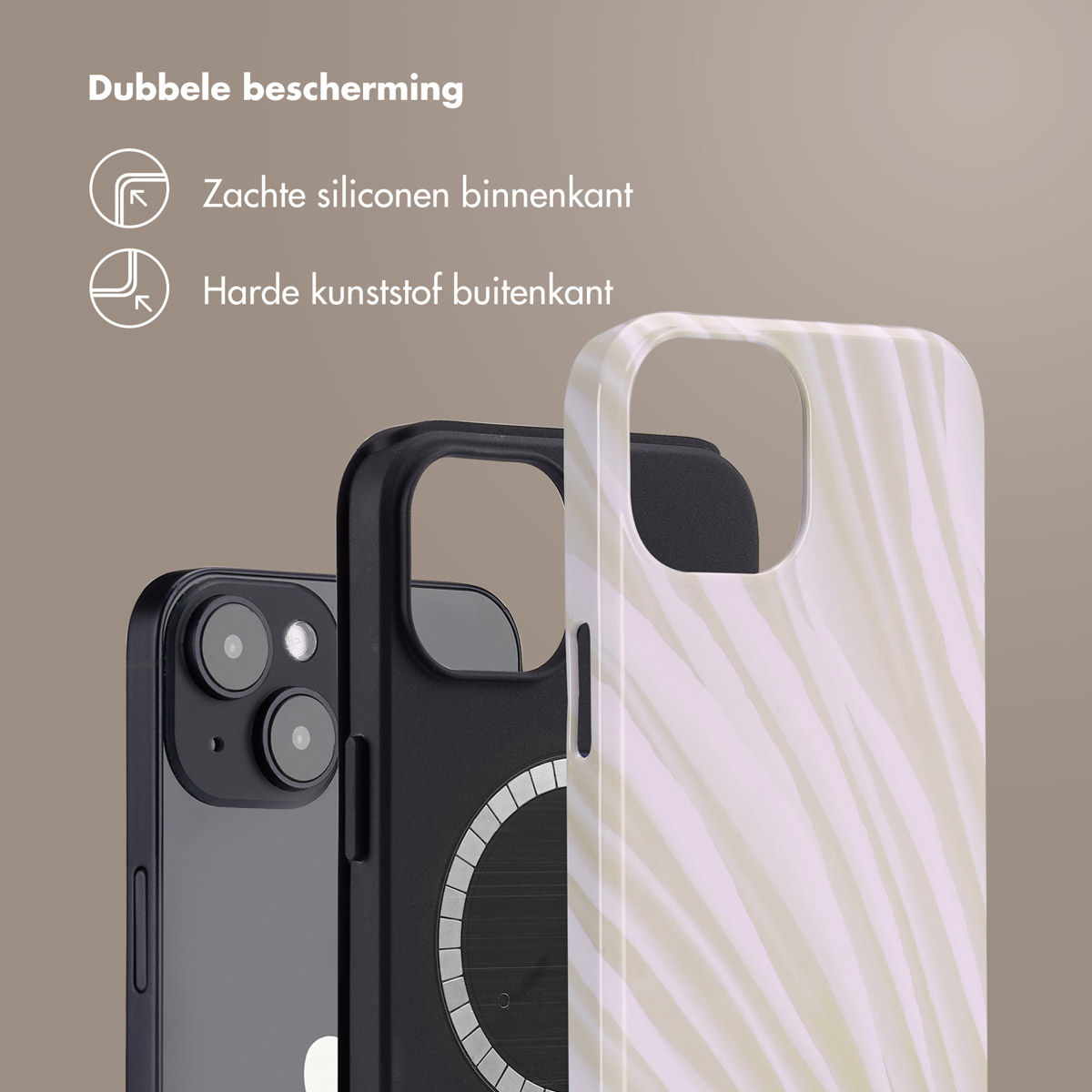 Drie telefoons, één met een zebra-hoes, één zwart en de laatste met een hoes.