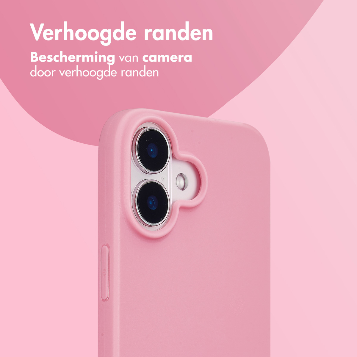 Roze telefoonhoesje met verhoogde randen, beschermt camera. Achtergrond is ook roze.