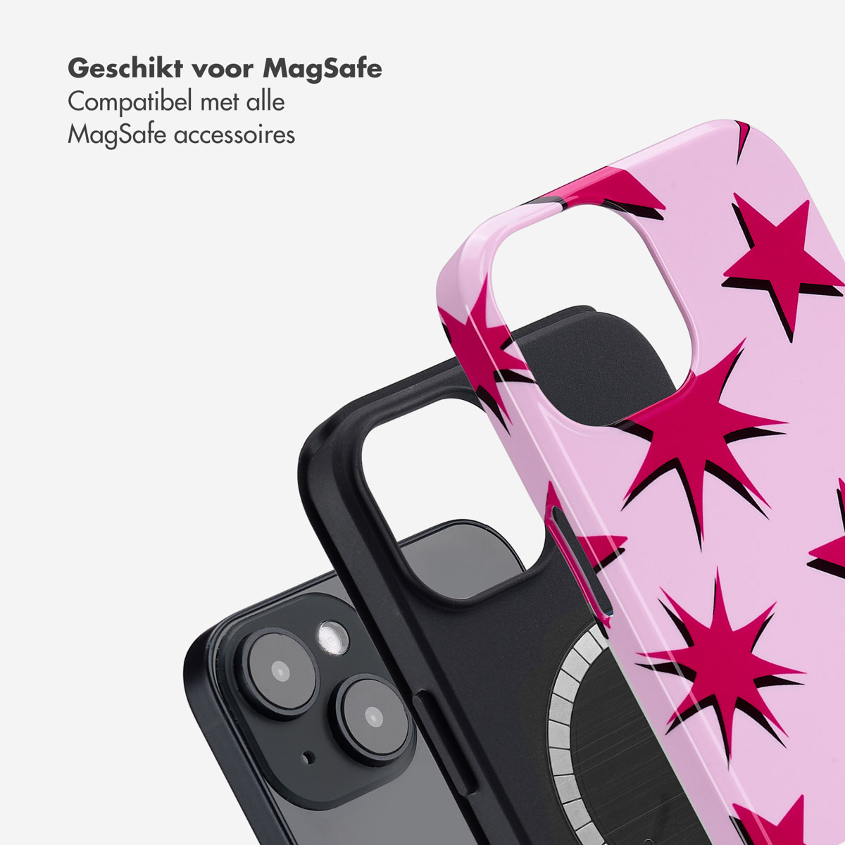 Telefoonhoesje met rode sterren. Twee telefoons, één met hoesje en één zonder. De hoes is roze.