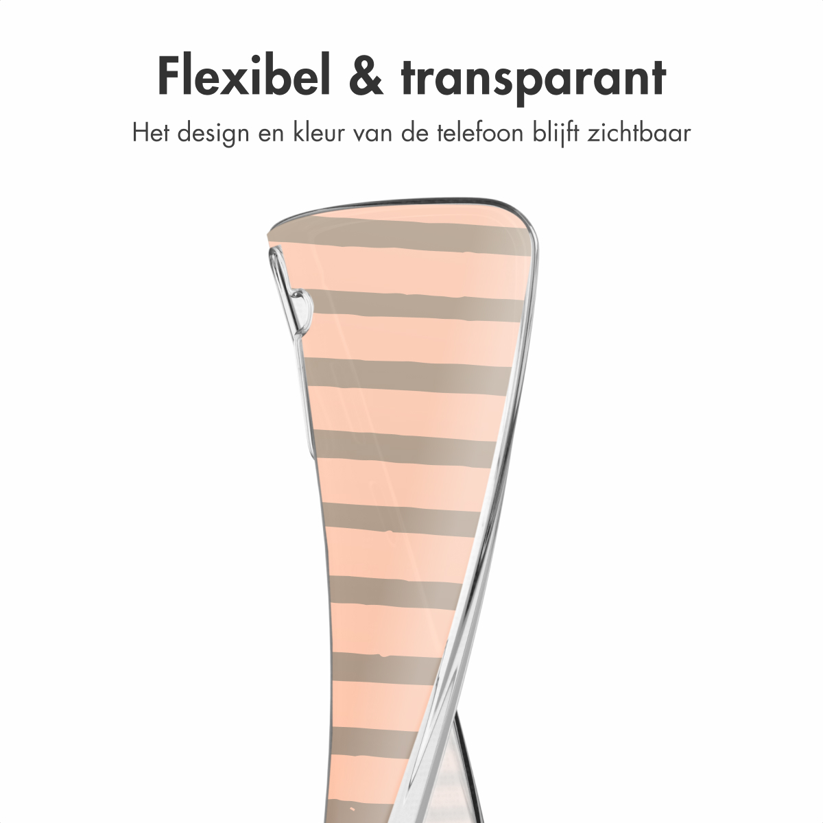 Coque transparente avec des lignes horizontales pêche et grises. La coque est pliée.
