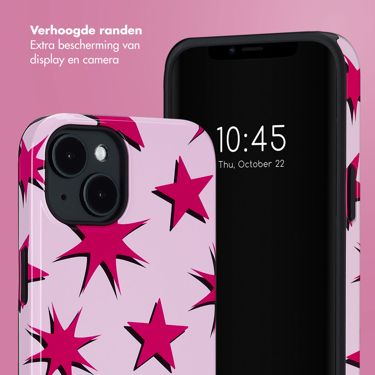 Roze telefoonhoesje met magenta sterrenpatroon, toont een telefoon met 10:45. Zwarte telefoonhoesje op de achtergrond.