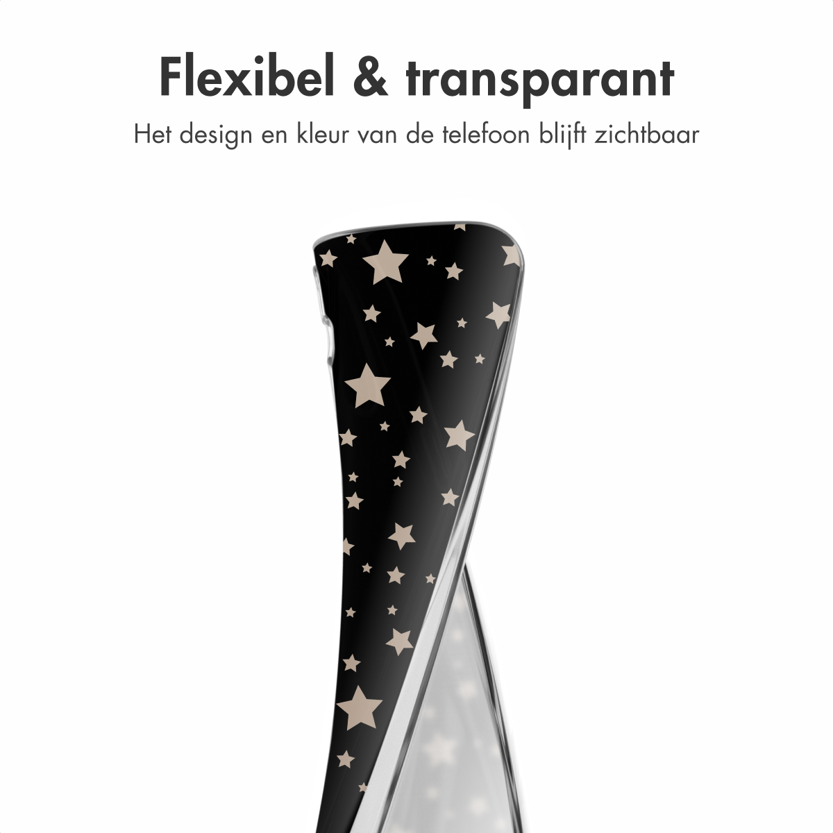 Transparante telefoonhoes met kleine beige sterren op zwarte achtergrond. De hoes is gebogen.