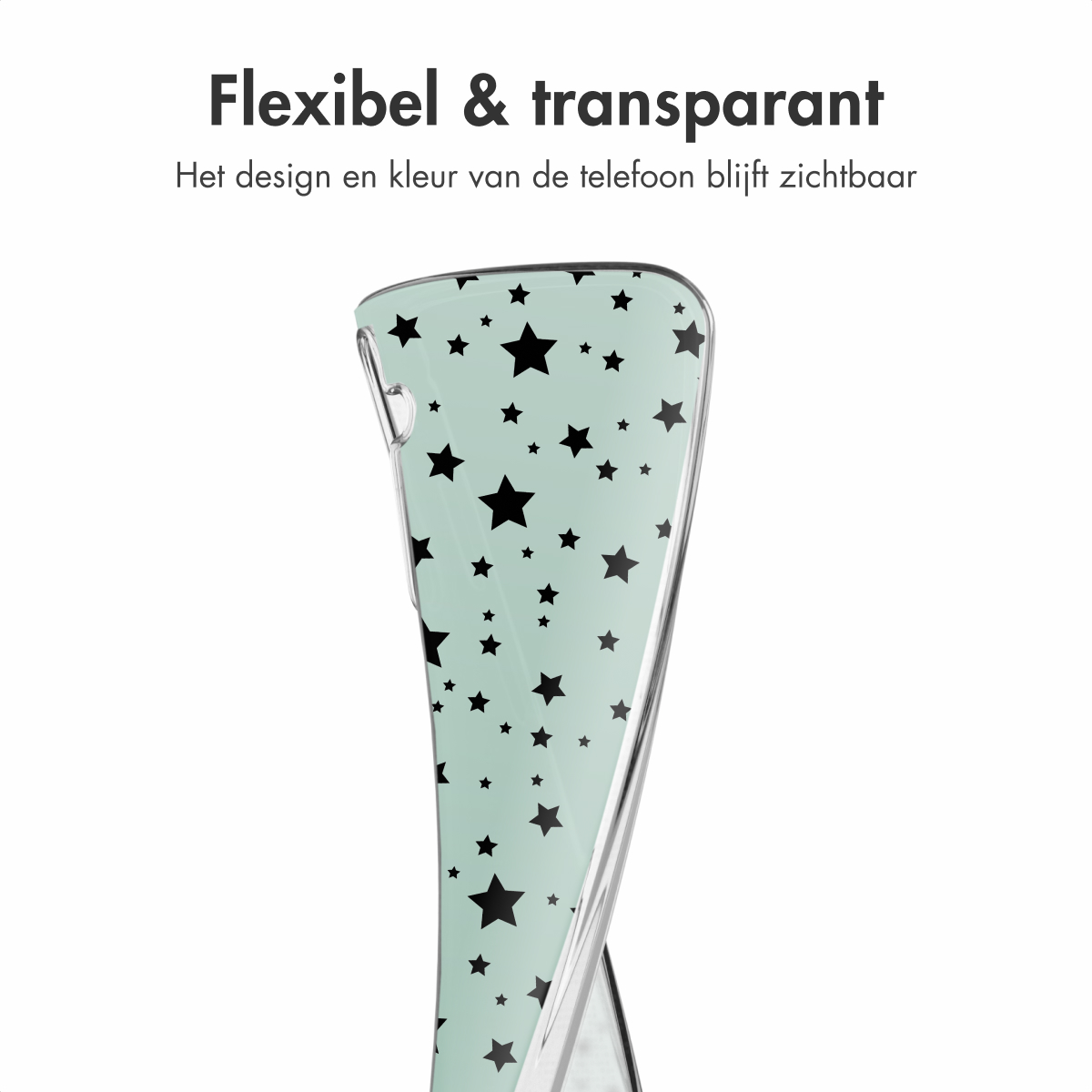 Coque de téléphone transparente avec des étoiles noires. La coque est transparente et a de petites étoiles noires.