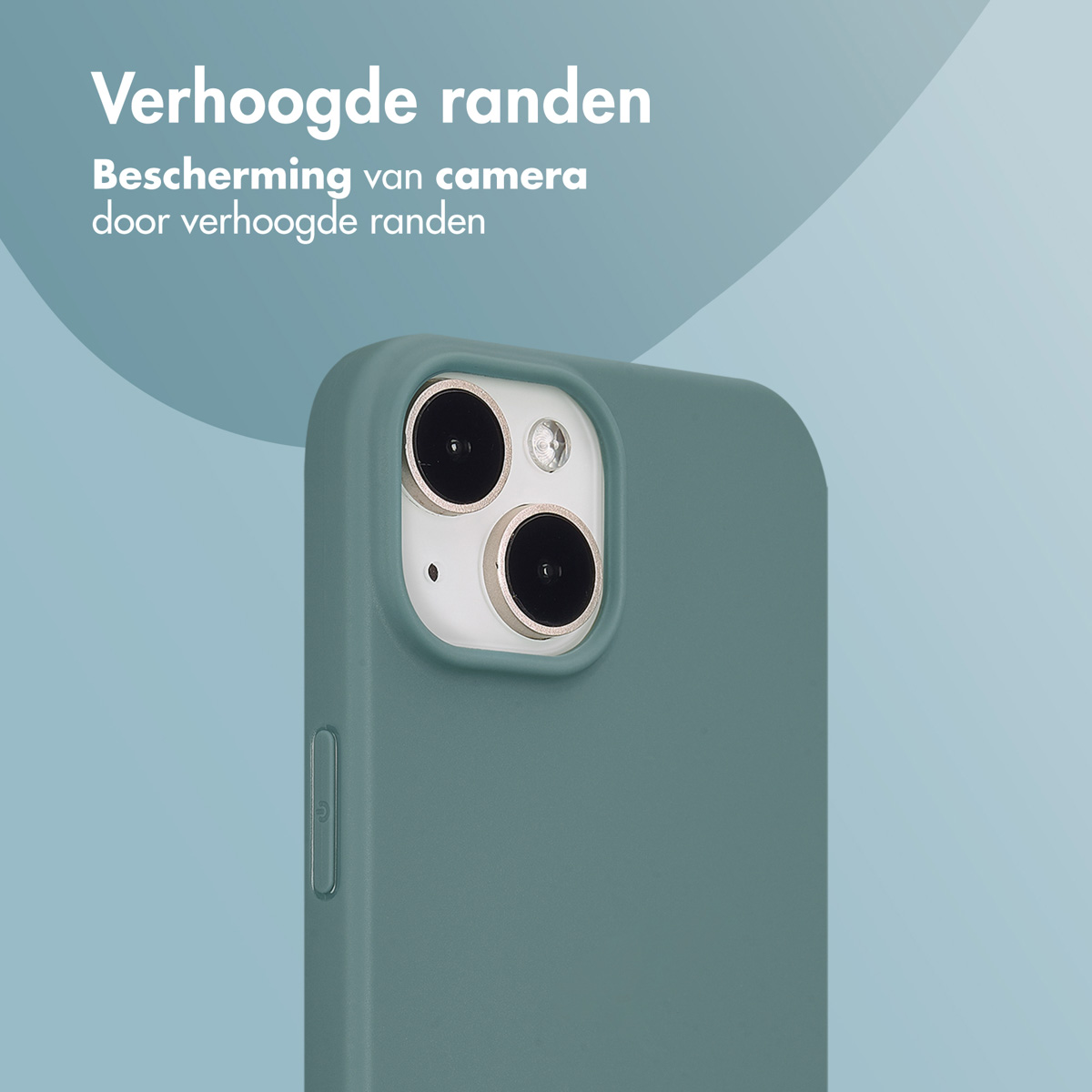 Close-up of a green phone case with two cameras. The case has a raised edge.