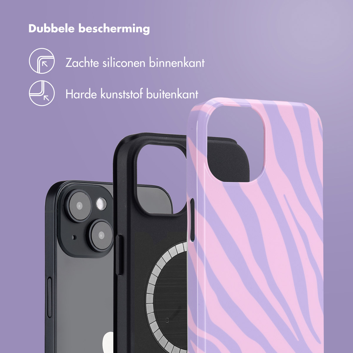 Telefoonhoesje met zebra design. De telefoon is zwart. De hoes is roze en lavendel. De achtergrond is paars.