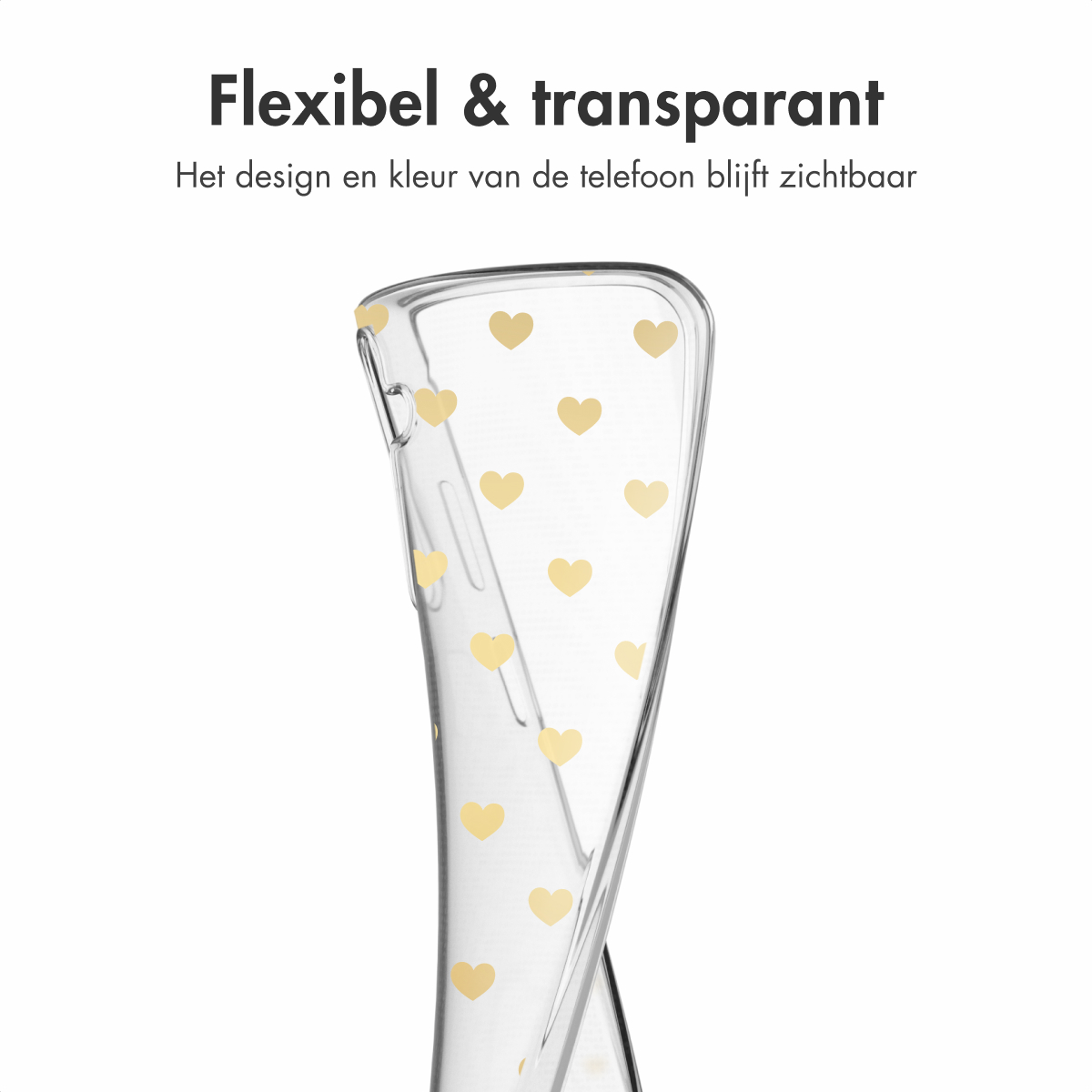 Coque de téléphone transparente avec des cœurs dorés. Le fond est blanc. Le texte en haut indique flexible et transparent.