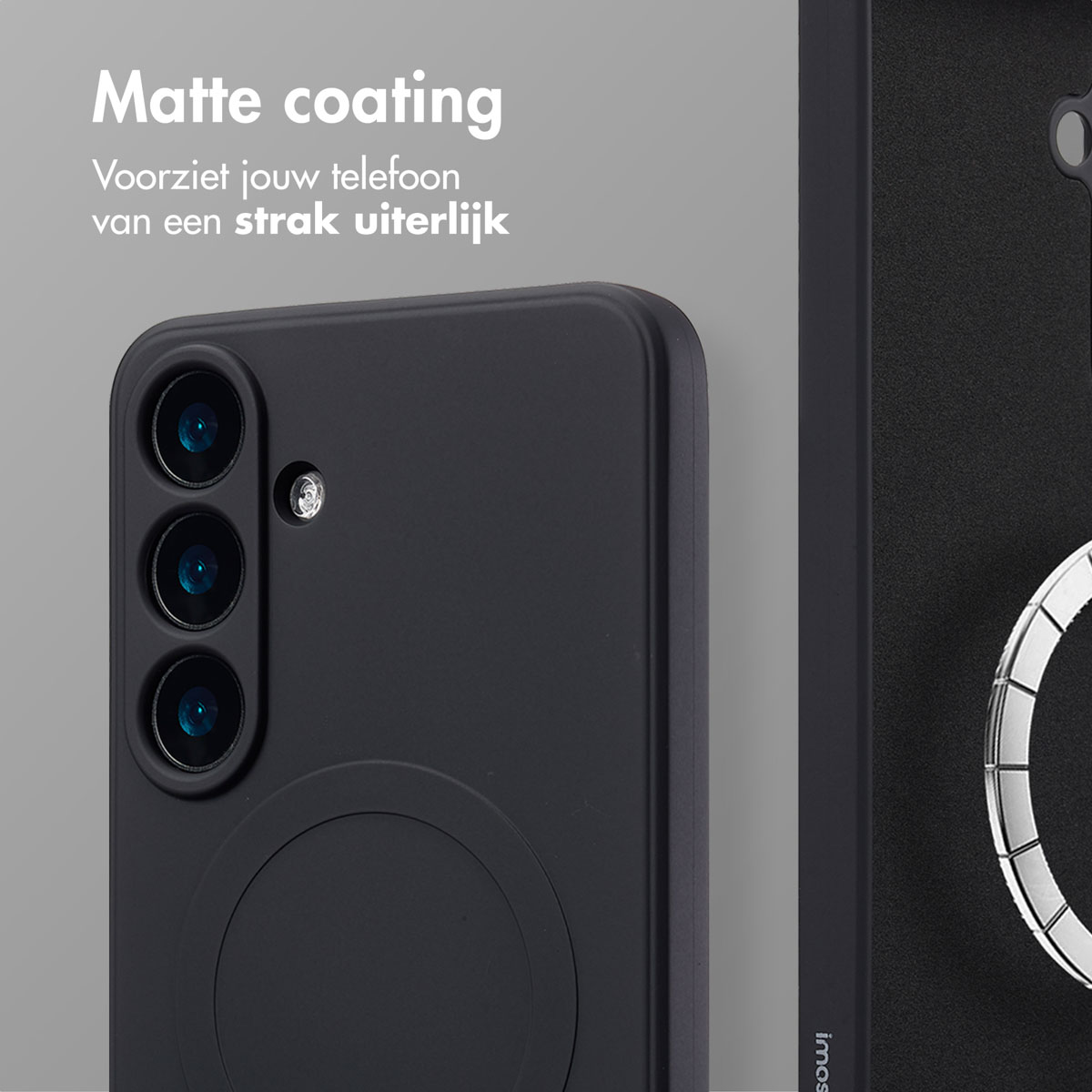 Zwart telefoonhoesje met een ringhouder. Tekst: Matte coating, Geeft je telefoon een strak uiterlijk.