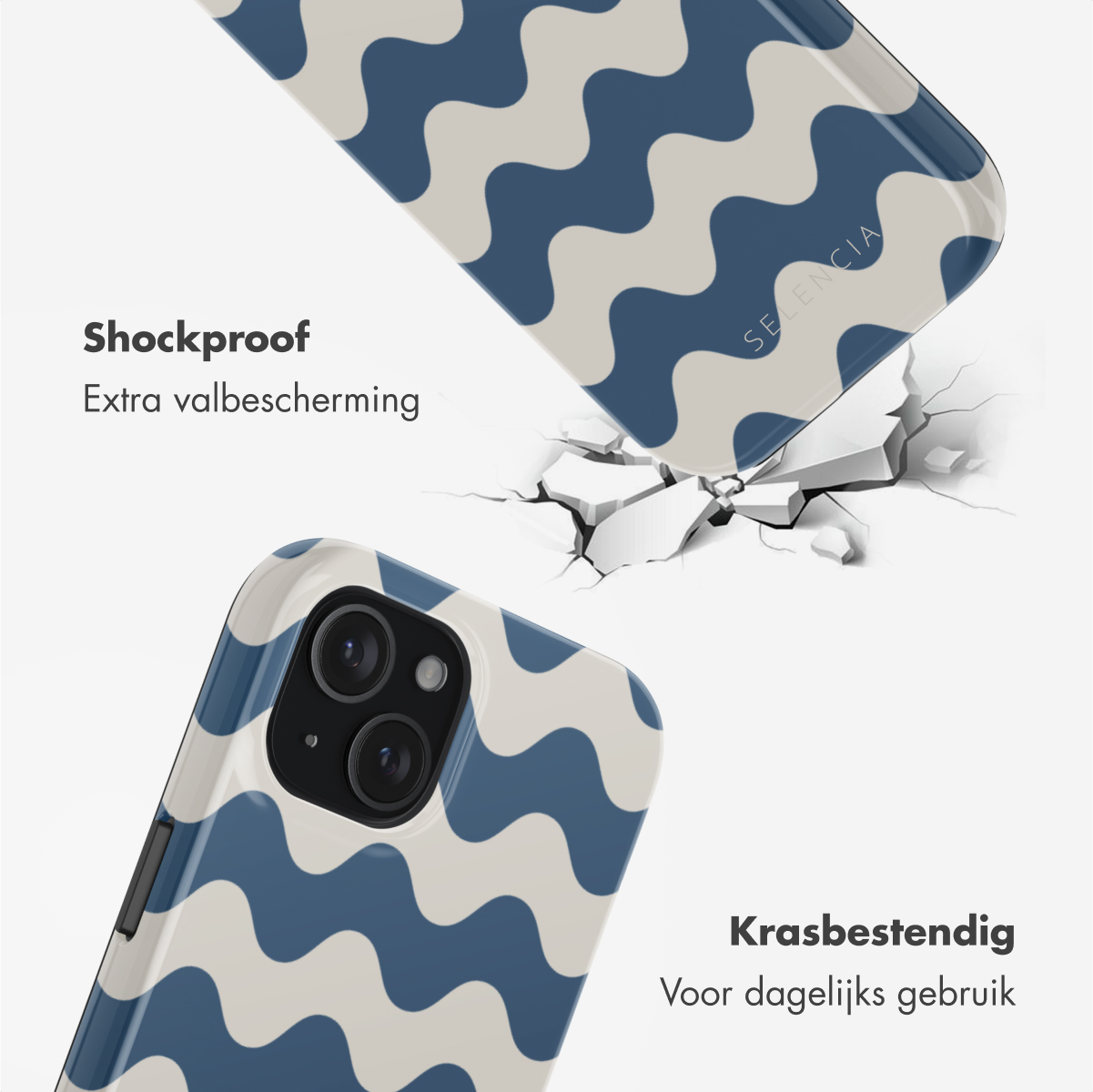 Phone case with blue and white wavy design. The phone is falling. The background is white. Text says shockproof.
