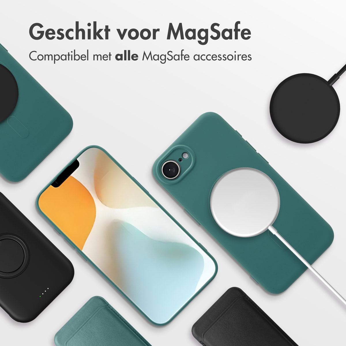 Étuis avec accessoires MagSafe. Les étuis sont turquoise et noirs. Texte : Convient pour MagSafe, compatible avec tous les MagSafe.