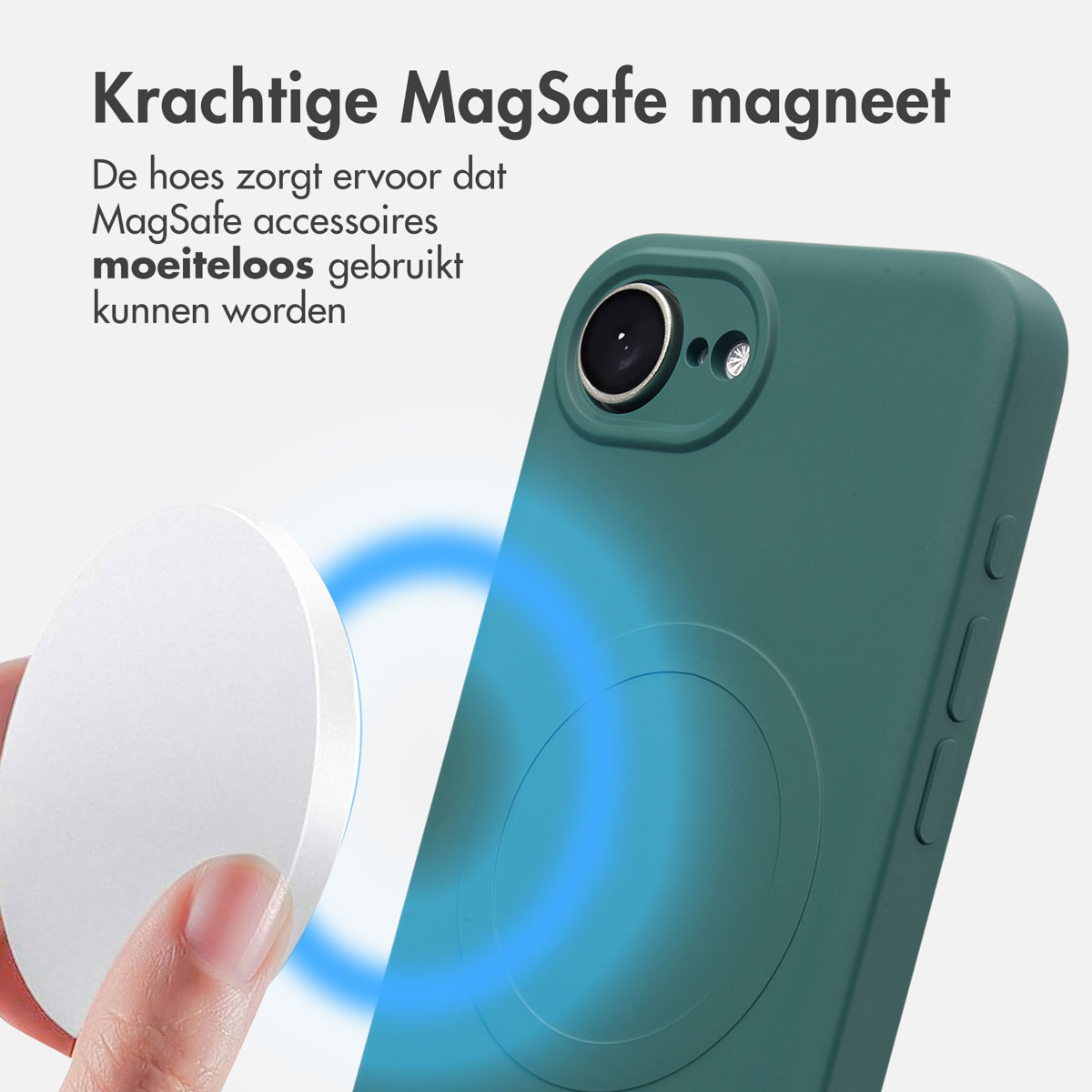 Une coque de téléphone verte avec un cercle blanc. Un disque blanc est à côté. Le fond est un dégradé bleu.