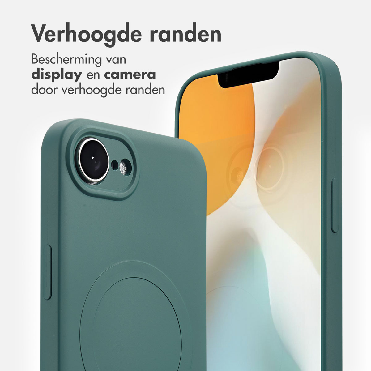 Coque de téléphone verte avec un téléphone. Le téléphone est noir. Le fond est blanc. Le texte indique 'bords surélevés'.
