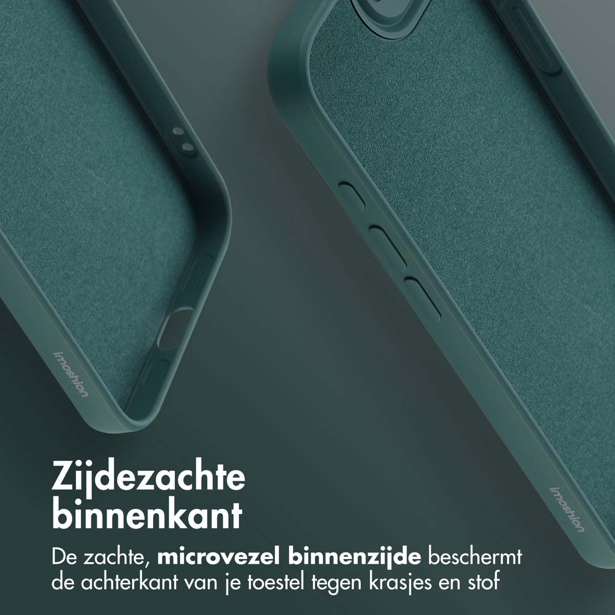 Deux coques de téléphone vertes. Le texte indique 'Zijdezachte binnenkant'. Les coques ont un intérieur doux pour protéger l'appareil.
