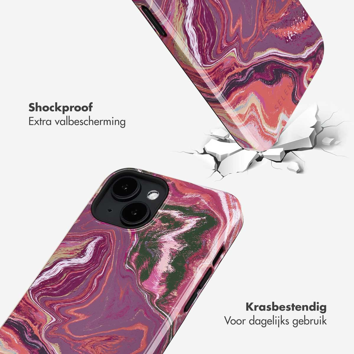 Due custodie per telefono con un design in marmo, una che cade su una superficie incrinata, che mostra la durata antiurto.