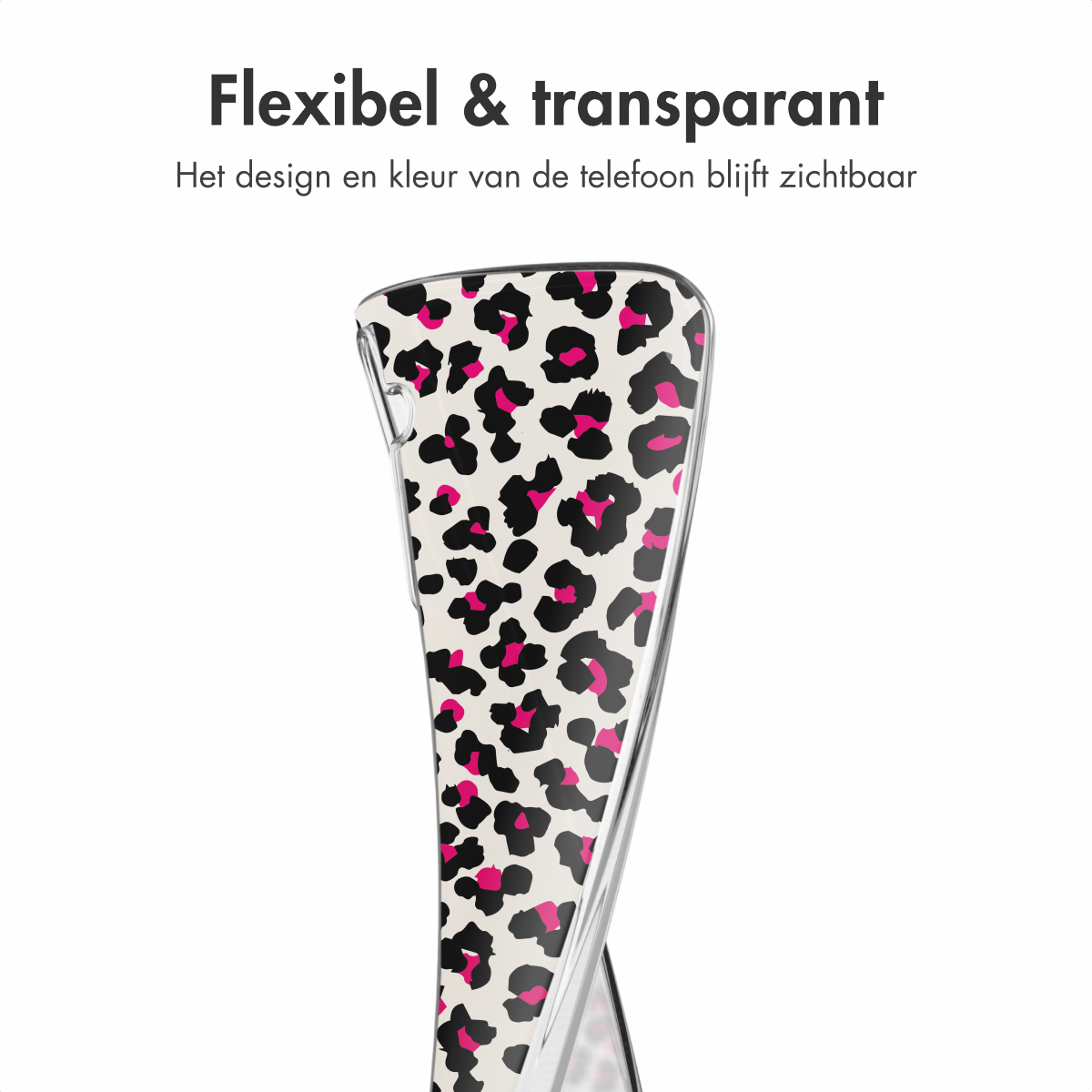 Coque de téléphone transparente avec un motif léopard. La coque montre un téléphone avec un écran noir.
