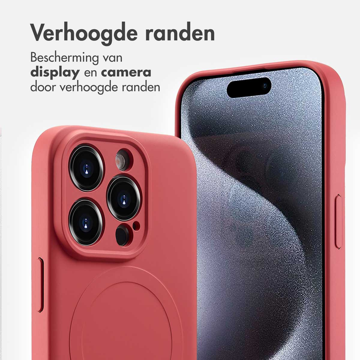Coque de téléphone rouge autour d'un téléphone, texte 'Verhoogde randen'. Le téléphone affiche l'heure et la date.