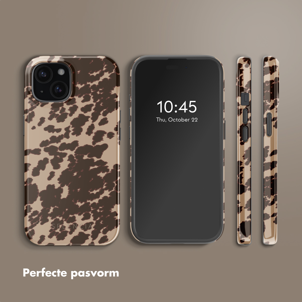 Three phone cases with a brown cow print, positioned next to a phone displaying the time 10:45.