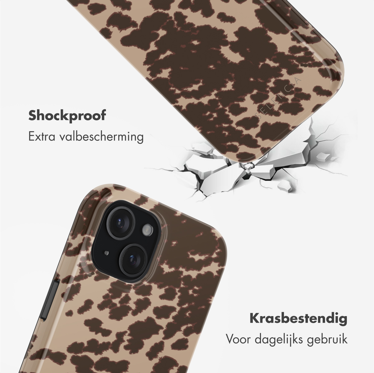 Two phone cases with brown cow print, one falling, showcasing durability and scratch resistance.