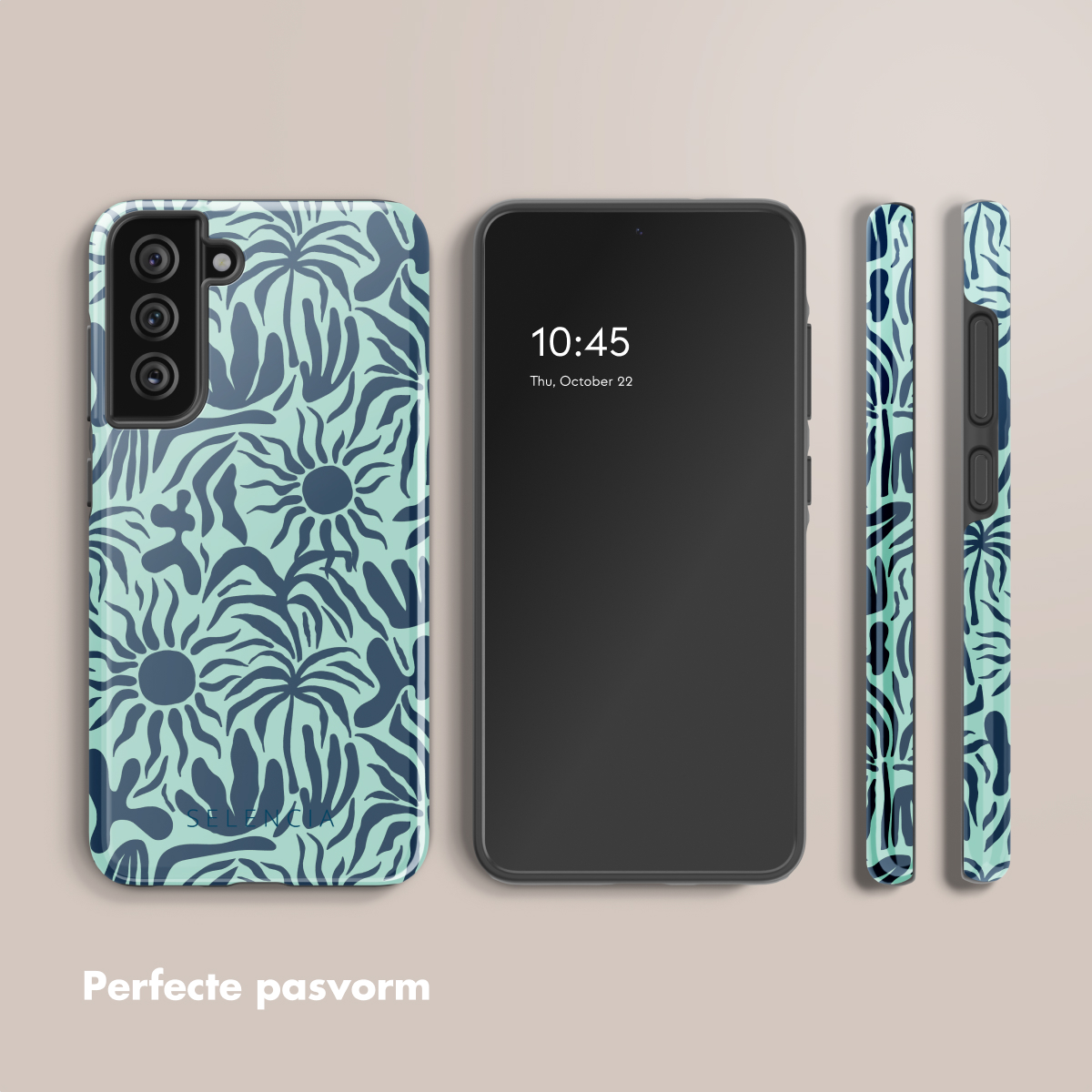 Una custodia per telefono con un motivo floreale blu, accanto a un telefono che mostra l'ora 10:45 sullo schermo.