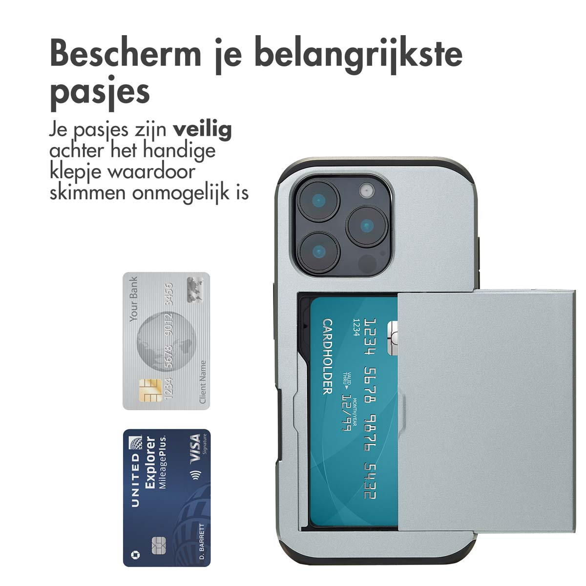 Een telefoonhoesje met creditcards, een telefoon met kaarthouder en creditcards.