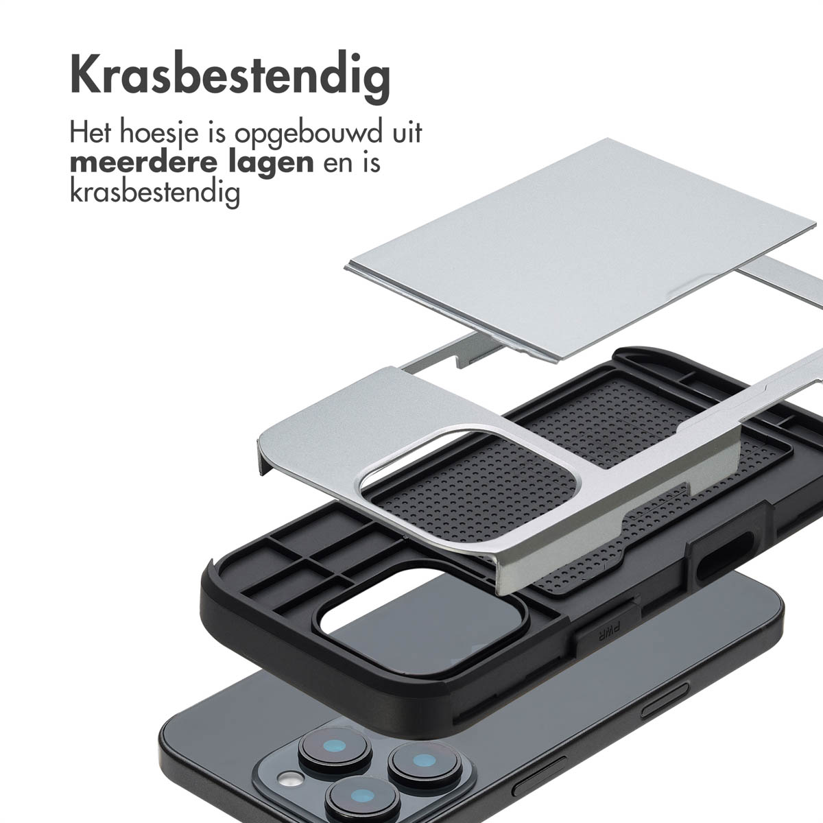 Telefoonhoeslagen. Tekst: 'Krasbestendig'. Meerdere lagen van een telefoonhoesje worden in delen getoond.
