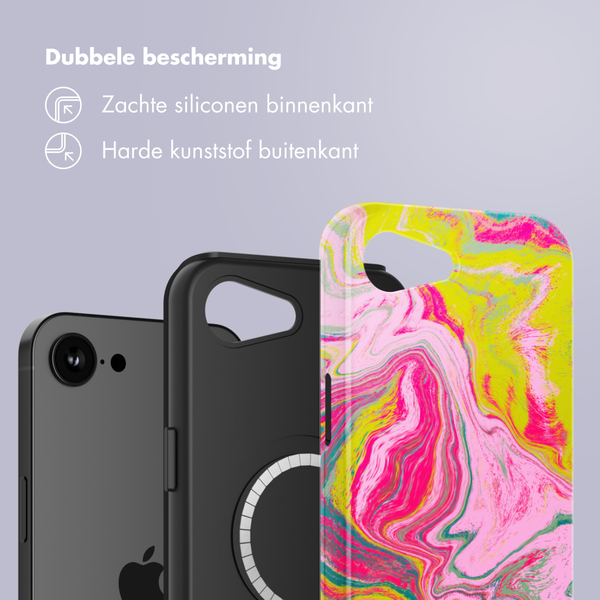 Trois coques de téléphone : motif marbre, noire et un iPhone. Texte : 'Dubbele bescherming' (Double protection).