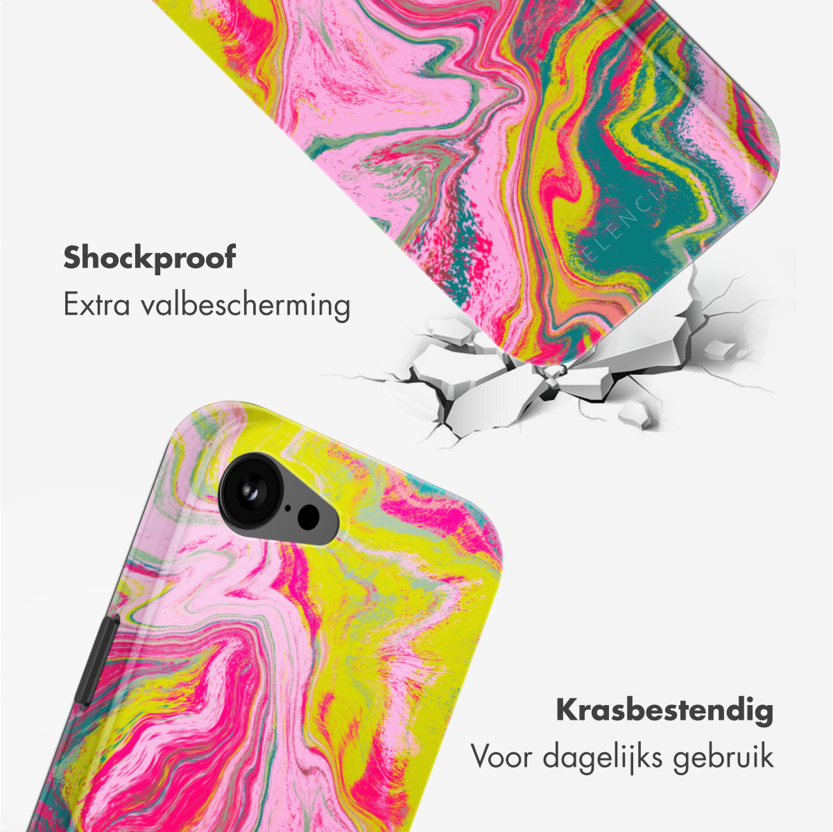 Coque de téléphone avec un motif marbre rose, jaune et vert, avec un morceau cassé. Texte : Antichoc, résistant aux rayures.