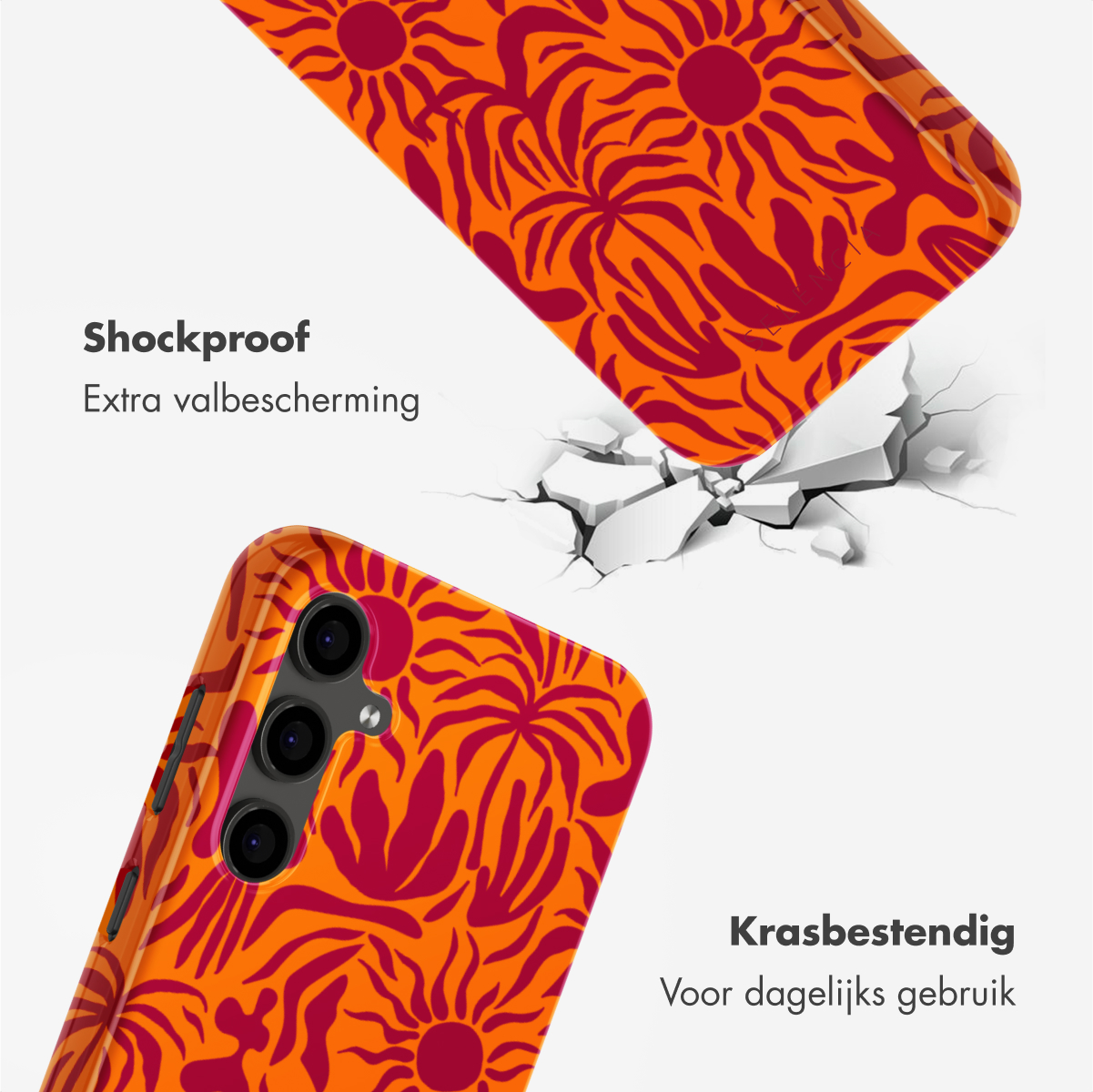 Oranje telefoonhoesje met een rood zonontwerp, één op de grond, één erboven die barst.
