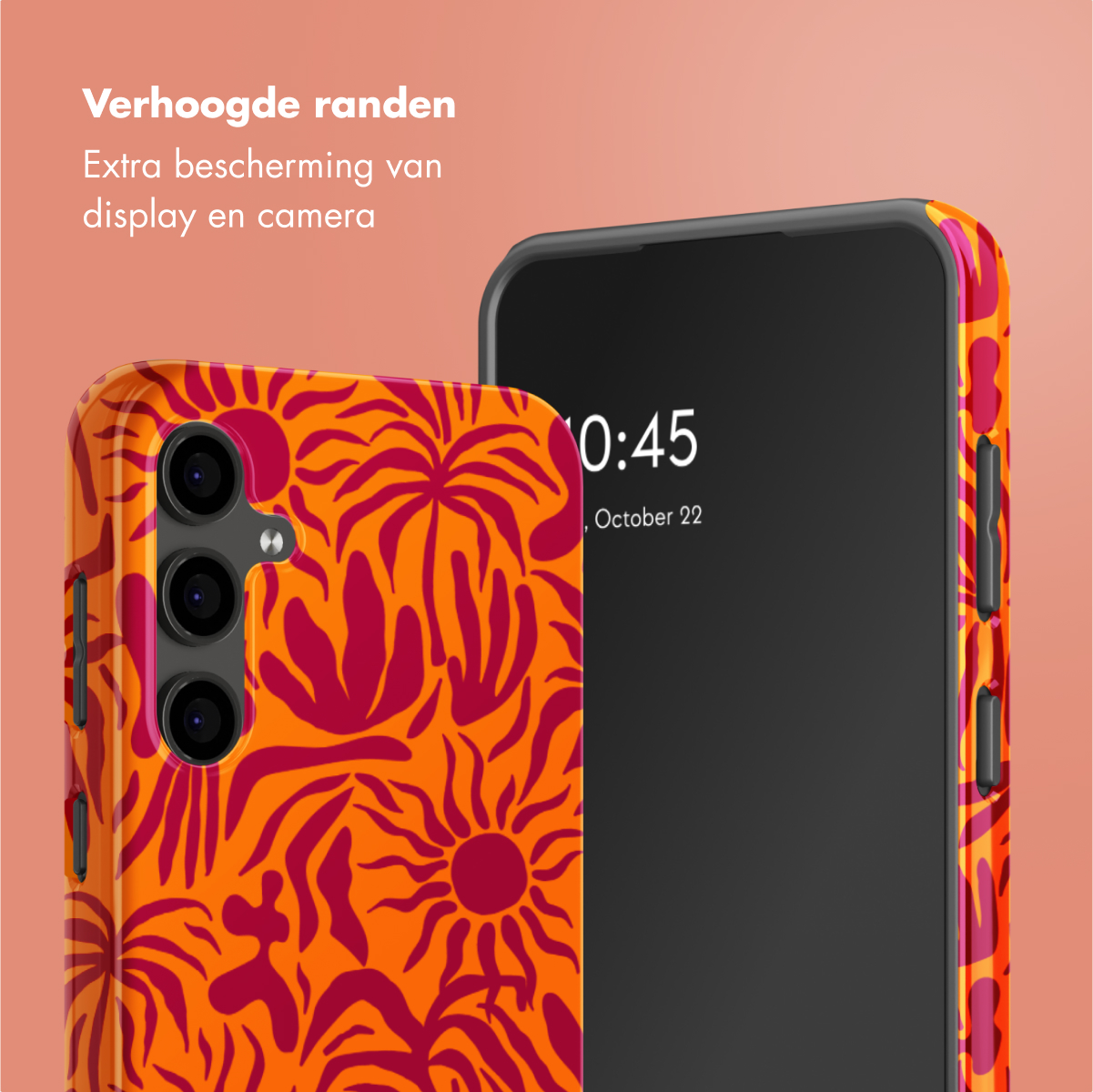 Een telefoon en drie hoesjes. De telefoon toont 10:45, donderdag 22 oktober. Hoesjes met bloemenpatroon in oranje.
