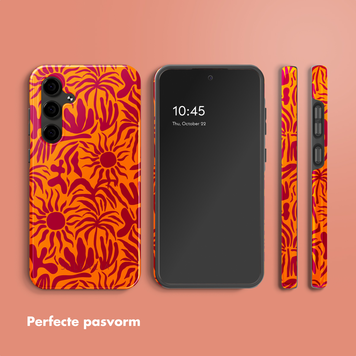 Een telefoon en drie hoesjes. De telefoon toont 10:45, donderdag 22 oktober. Hoesjes met bloemenpatroon in oranje.