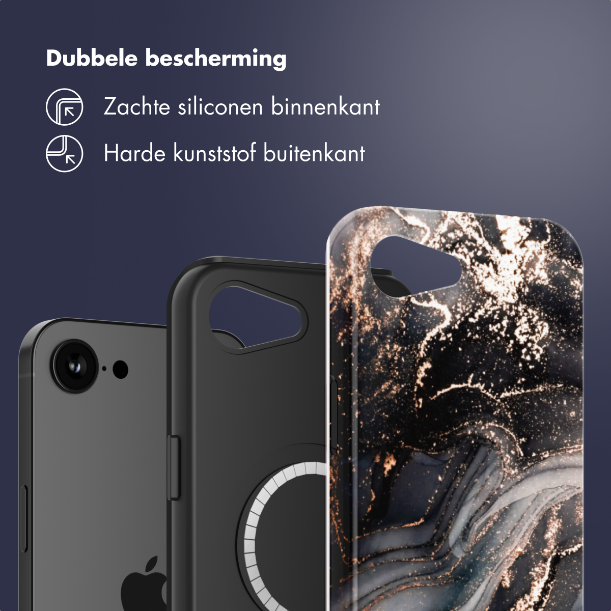 Trois coques de téléphone : noire, motif marbre et un iPhone. Texte : 'Dubbele bescherming' (Double protection).