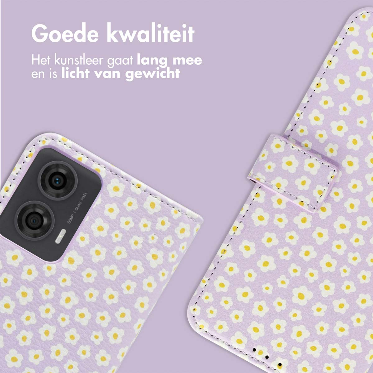 Een telefoonhoesje met bloemenpatroon en een open portemonneehoesje met hetzelfde ontwerp.