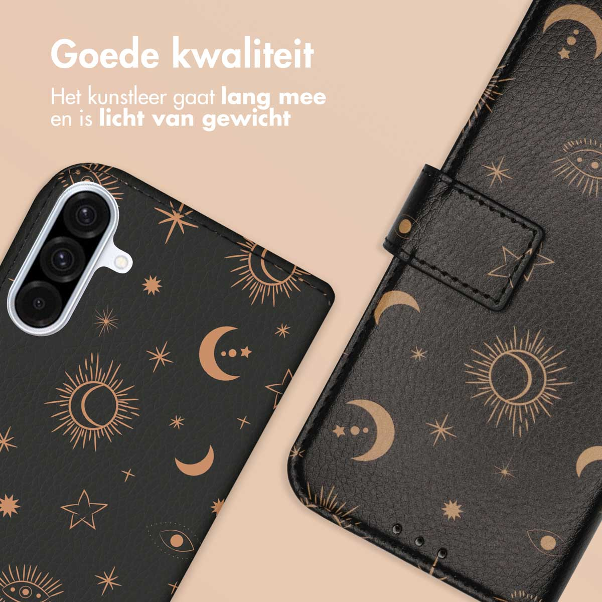 Een telefoonhoesje met een zwart en goud ontwerp en een open portemonneehoesje.