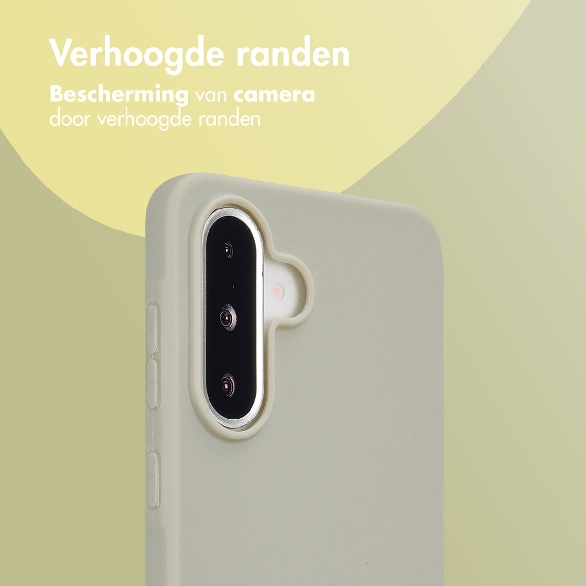 Close-up van een telefoonhoesje. Het hoesje is lichtgroen en heeft een camera-uitsparing.