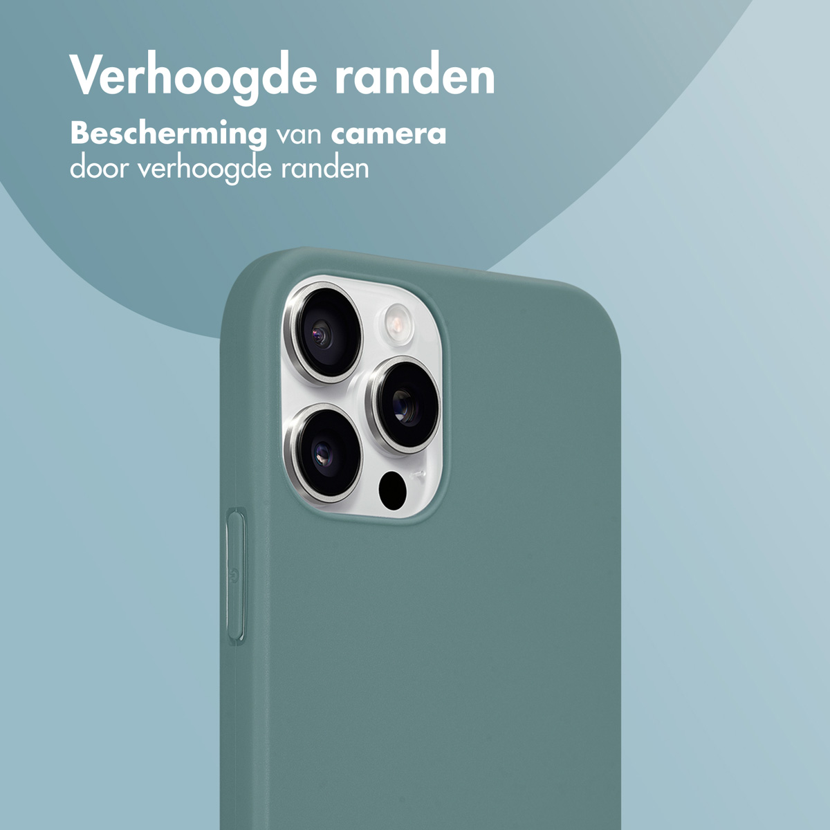 Close-up van een teal telefoonhoesje. Het telefoonhoesje heeft een camera-uitsparing.