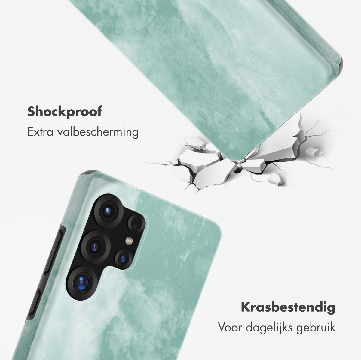 Een telefoonhoesje met een marmeren design wordt getoond, met het telefoonhoesje gebarsten erboven en het telefoonhoesje eronder.