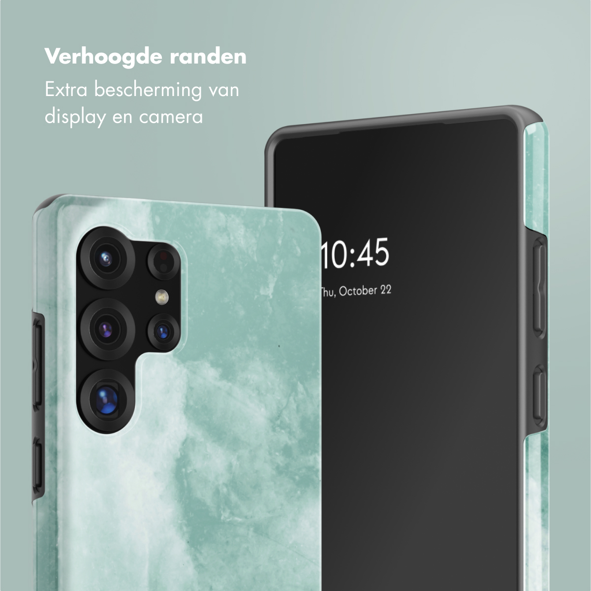 Twee telefoons, één in een hoesje met een marmerontwerp. De andere toont de tijd 10:45. Beide hebben verhoogde randen.