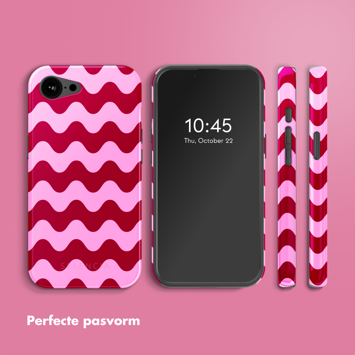 Coque de téléphone à vagues roses, téléphone avec affichage 10:45, deux bords de téléphone sur fond rose.