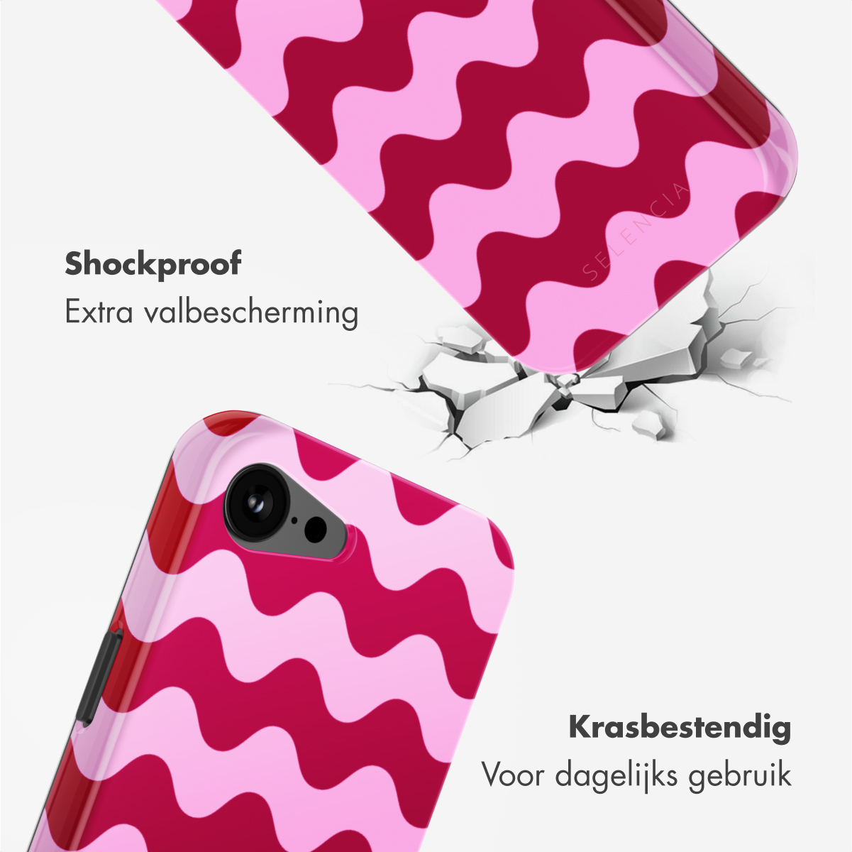 Une coque de téléphone avec un design de vagues roses est montrée, avec la coque fissurée au-dessus et en dessous.
