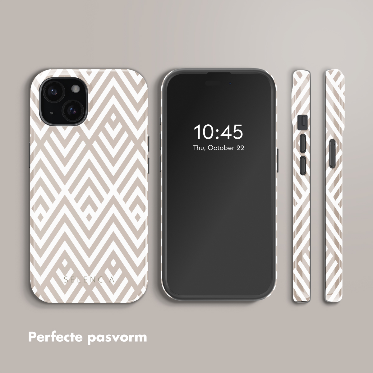 A phone, case, and two edges with a white pattern are on a light brown background, the phone displays 10:45.