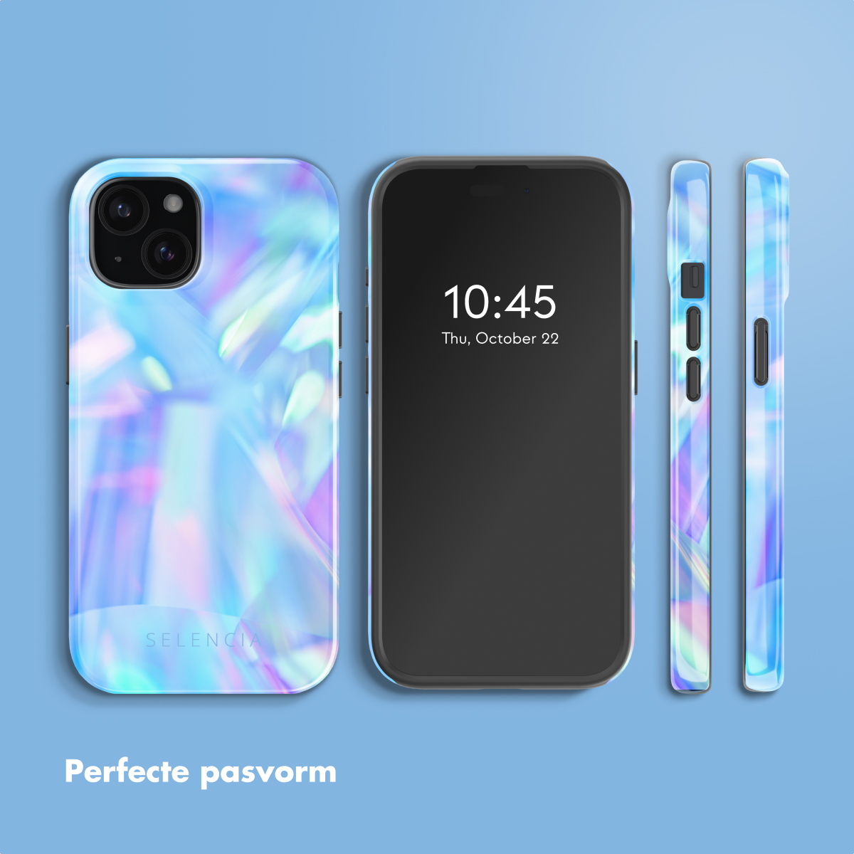 A phone, case, and two edges with a blue iridescent design are on a blue background, the phone displays 10:45.