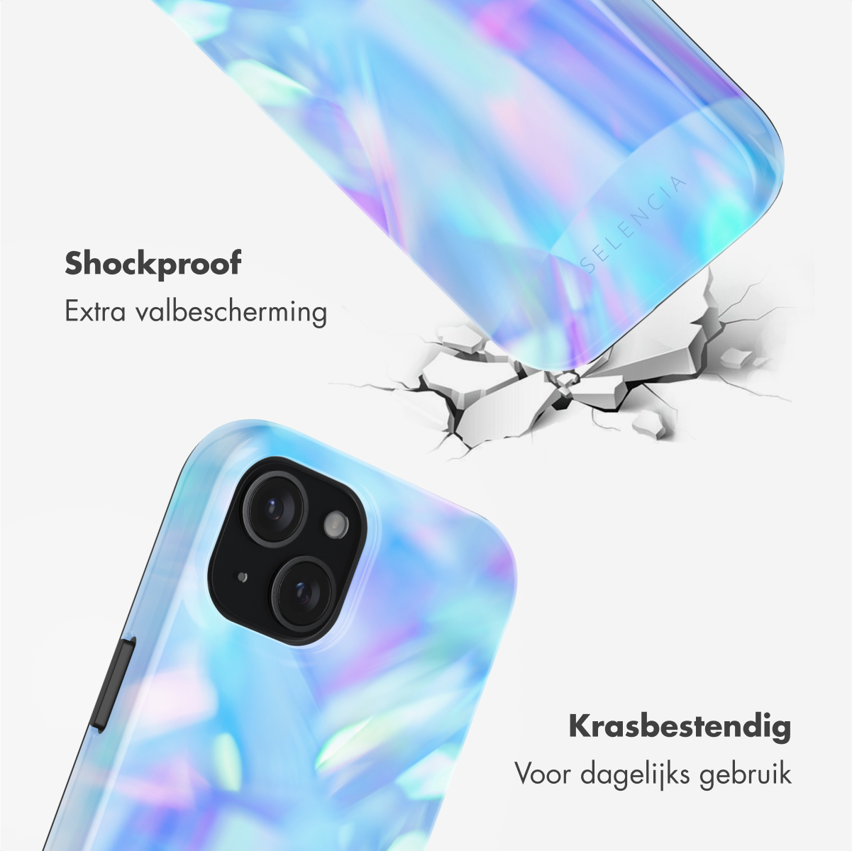 A phone case with an iridescent design is shown with the phone case cracked above and below.