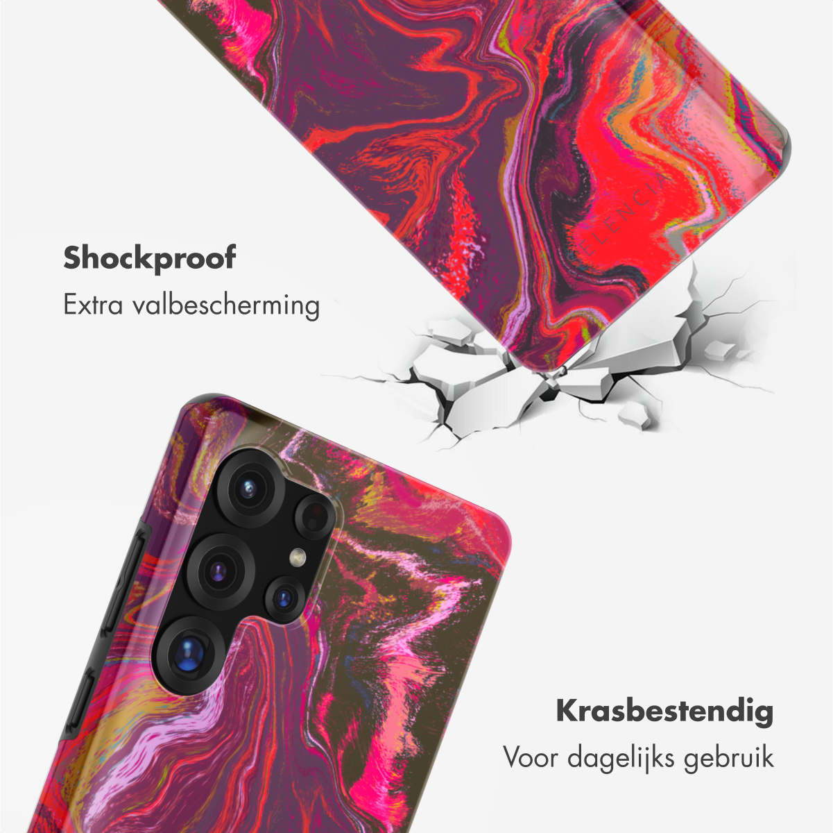 Telefoonhoesje met rood-paars marmerontwerp, met scheur, en witte achtergrond. Tekst zegt Schokbestendig en Krasbestendig.