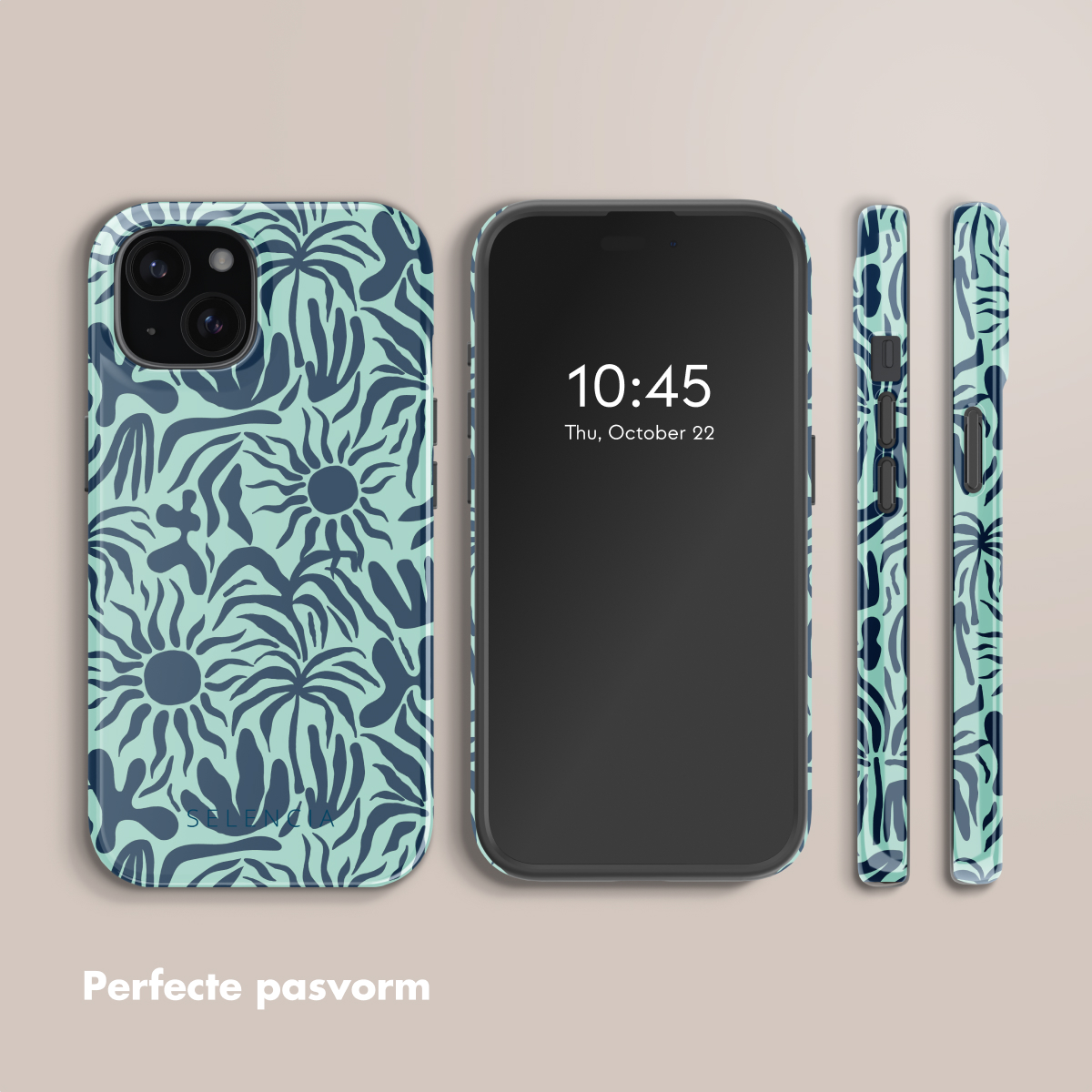 Phone mockup with a blue and navy floral case. The screen displays the time. Cases on the sides.
